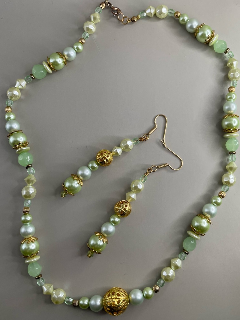 Vintage Green and Gold Beaded Necklace & Earrings Set from Philippines